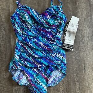 NWT Trimshaper Blue Purple White Black Abstract Shaping One Piece Swimsuit 12